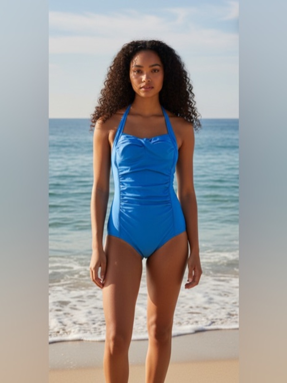 NEW-Small Classic Blue Halter
Padded Bra & Ruched  front slimming tummy control